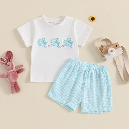 Image of Toddler Baby Boy Easter Rabbit Outfit Short Sleeve Bunny Carrot Smocked T-shirt Elastic Waist Shorts Summer Clothes