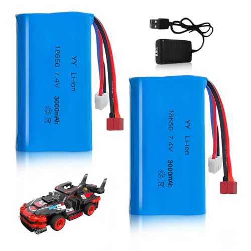 WDKXCN Bateria Lipo 7.4v, Paquete de 2 Bateria de Litio de 3000 Mah con Conector Deans T y Conector Xh-3P, Bateria Recargable con Cargador para Coches RC, Barcos, Camiones Teledirigidos