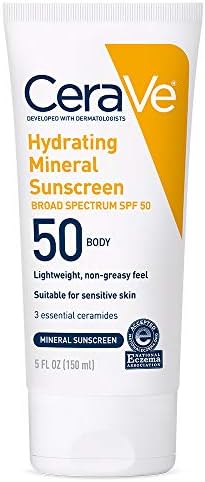 CeraVe 100% Mineral Sunscreen SPF 50 | Body Sunscreen with Zinc Oxide & Titanium Dioxide for Sensitive Skin | 5 oz, 1 Pack