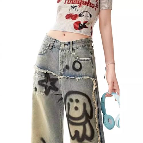 Casual Y2K Straight Wide Leg Jeans Fashion Vintage Gradual Graphic Printing Fringe High Waisted Denim Pants3