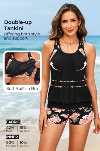 Image of Yonique Two Piece Tankini Bathing Suits T-Back Blouson Swim Tops with Boy Shorts Women Swimsuits Sporty Swimwear