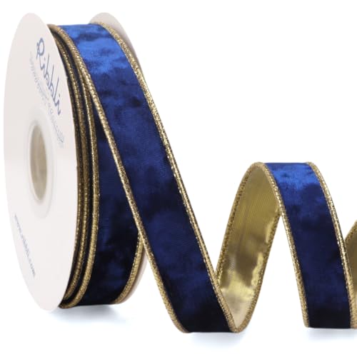Image of Ribbli Royal Blue Crushed Velvet Wired Ribbon 1 inch x 10 Yds Continuous