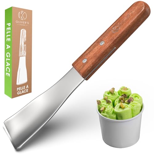 Oliver's Kitchen ® Cuillère à Glace - Créez des Desserts dignes d'Instagram à la Maison ! Cuillère à Crème Glacée de qualité Professionnelle avec Poignée en Bois Élégante et Ergonomique