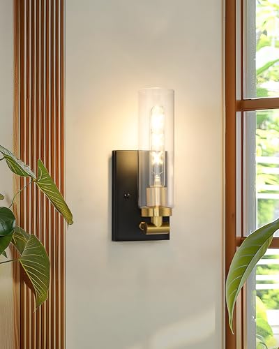 Image of Emak Black and Gold Wall Sconces Set of Two, Modern Wall Sconce with Clear Glass Shade, Farmhouse 2 Light Bathroom Vanity Light for Living Room, Bedroom, Gallery, WS086-BKBGD-CG-2PK