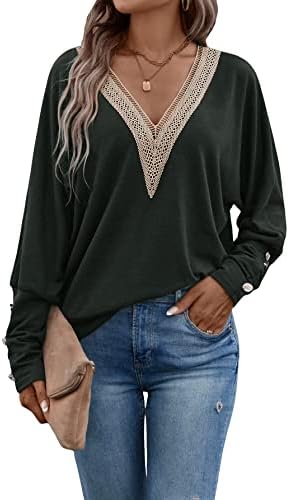 GORGLITTER Women's Guipure Lace Long Sleeve Sweatshirt V Neck Casual Pullover Tops Dark Grey Small