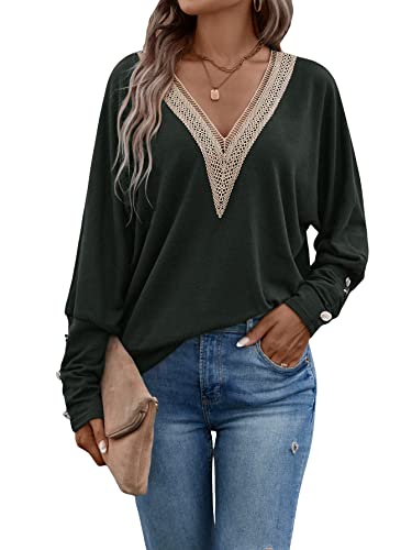Gorglitter Women's Guipure Lace Long Sleeve Sweatshirt V Neck Casual Pullover Tops Dark Grey Small #TOP1