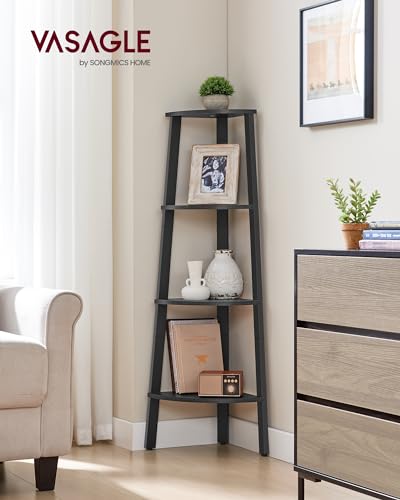 Image of VASAGLE Corner Shelf Stand, 4-Tier Corner Bookshelf, Industrial Ladder Shelf, Plant Stand for Living Room, Office, Kitchen, Charcoal Gray and Matte Black ULLS034B22