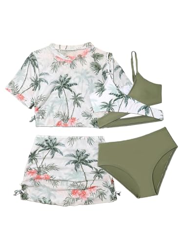 Image of Girl's 4 Piece Set Coconut Tree Print Criss Cross Bikini Sets with Mesh Cover Up Green 160