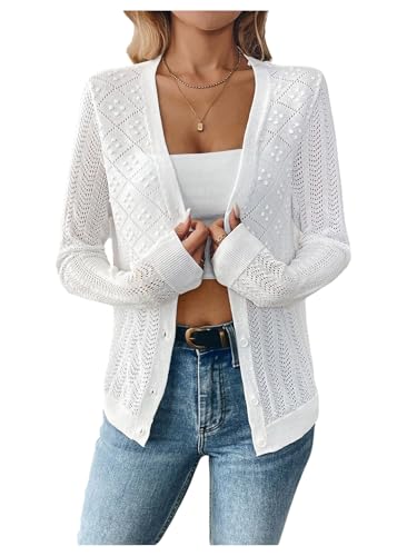Verdusa Women's Eyelet Button Front Lightweight Cardigans Streetwear Knit Outerwear