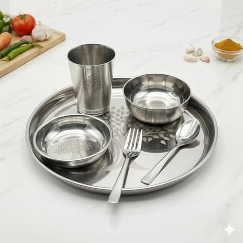 Image of Human Hydro Stainless Steel Thali Dinner Set | 24-Piece: 4 Plates, 4 Bowls (Katoris), 4 Side Plates, 4 Glasses, 4 Spoons & 4 Forks | Food-Grade, Rust-Free, Mirror Finish | Dishwasher Safe