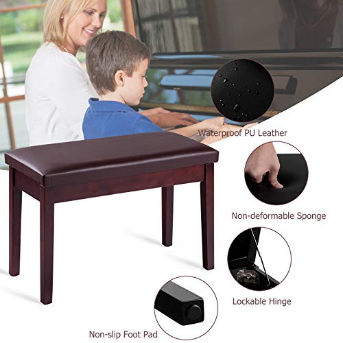 GOFLAME Brown Faux Leather Piano Bench, Solid Wood Construction, Padded Cushion Seat, Hidden Music Storage, Duet Size, Multi-functional Uses