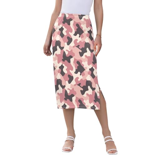 Women Beachy Stretch Midi Skirts for Women Spring Double Slit Skirt