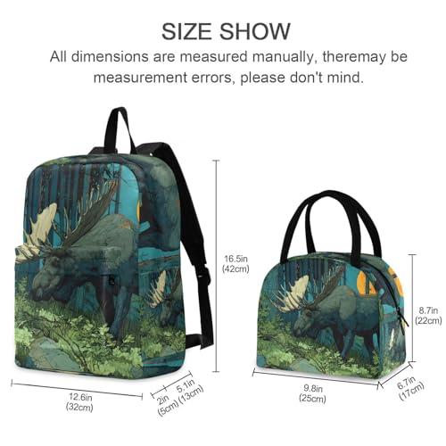 Backpack Lunch Box Set Large Capacity Travel Backpacks and Insulated Lunch Bag for Commute Hiking Picnic Anime Moose Print2