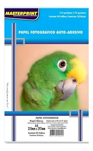 Master Papel Fotográfico Glossy Auto Adesivo, A4 210x297mm, 115g, Branco Brilhante, Impressão a Prova D'água, 20 Folhas