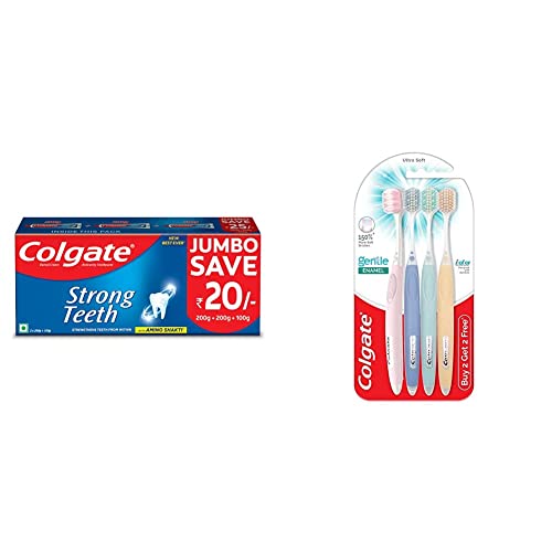 Image of Colgate Strong Teeth Anticavity Toothpaste with Amino Shakti - 500gm Saver Pack with Gentle Enamel Ultra Soft Manual Adult Toothbrush - 4 Pcs (Buy 2 Get 2 Free), Assorted