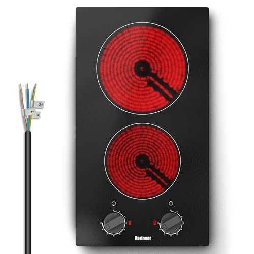 Karinear Autarkes Glaskeramikkochfeld 2 Platten 30 cm, Elektroherd Eingebautes 2-Zonen-Keramikkochfeld mit elektronischer Drehknopfsteuerung, Schwarzes Kristallglas, 3000W