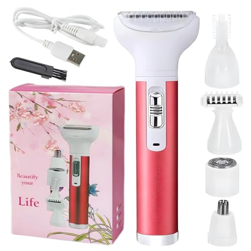 5 in 1 Damenrasierer Elektrisch, BS Portable USB-Aufladung Damenrasierer,Schmerzfrei Epiliergerät mit 5 abnehmbaren Aufsätzen für Bikini-Bereichs,Nasen,Achselhöhle,Arm,Bein,Gesicht