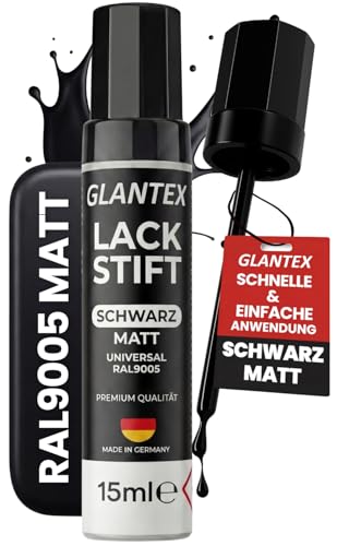 GLANTEX Lackstift Schwarz Matt [15ml] – Hochdeckender Autolack für Kratzer und Steinschläge, ideal für Auto und Felgen Reparaturset, auch für Felgenlack schwarz matt
