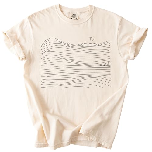 FITIN Walk On Water Garment-Dyed T-Shirt, Jesus Walking on Water Graphic Tee, Christian Bible Story Design, Unisex T-Shirt (US, Alpha, Large, Regular, Regular, Ivory)