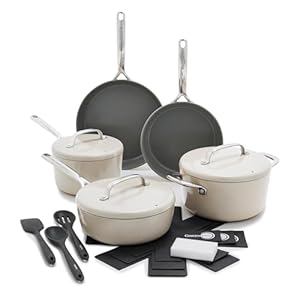 GreenPan GP5 Hard Anodized Healthy Ceramic Nonstick 14 Piece Cookware Pots and Pans Set,Heavy Gauge Scratch Resistant,Stay-Flat Surface, Induction, Mirror Finish Handle,Oven Safe,PFAS-Free,Taupe