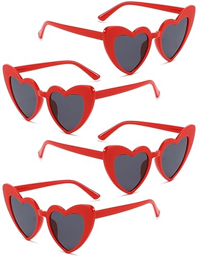 4 Pack Heart Shaped Sunglasses Trendy Cat Eye Love Heart Glasses Vintage Retro Heart Sunglasses for Women(Red)