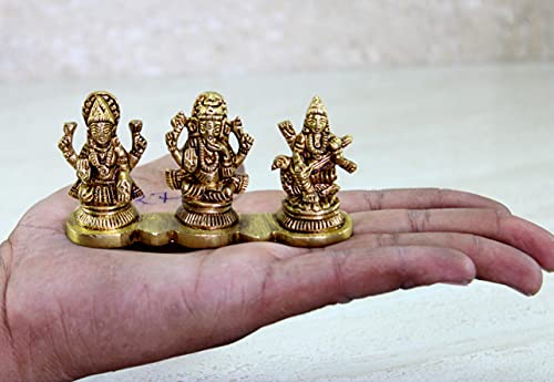 Image of ESPLANADE Brass - Laxmi Ganesh Saraswati Idols | Ganesha Lakshmi Sculpture Murti Idol Statue | for Home Temple, Office Mandir, Home Decor (2 inch Height), Gold