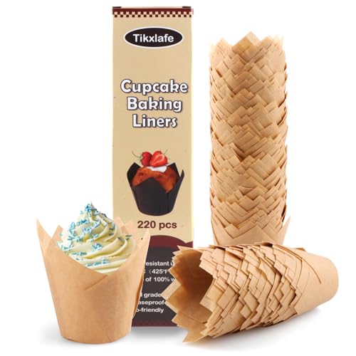 220pcs Tulip Cupcake Liners for Baking Cups,Greaseproof Cupcake Wrappers in Standard Size,Parchment paper Tulip Muffin Liners,Natural