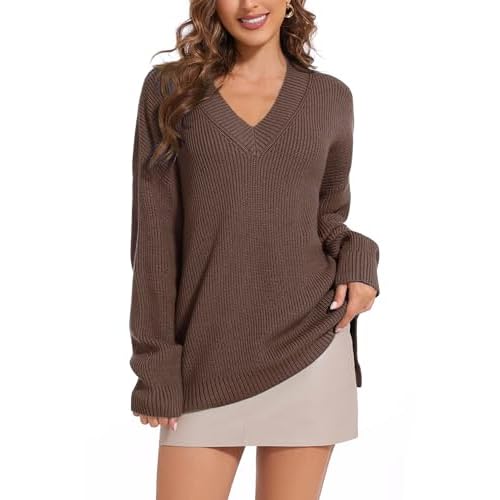 Women's V Neck Oversized Sweaters for Women Off Shoulder Loose Knit Jumper Pullover Tops Coffee XX-Large
