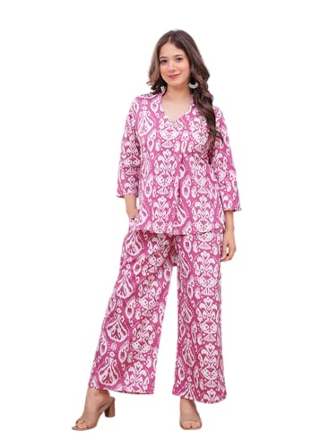 Image of Women's Pure Cotton Co-Ord Set | Three-Quarter Sleeves-Mandarin Collar Top & Palazzos | Printed Casual Wear Co-Ord Set for Women