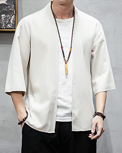 Image of Men's Japanese Kimono Cardigan Loose Cotton Linen 3 /4 Sleeve Open Front Casual Summer Shirt Jackets