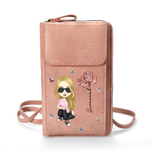 CALLIE Phone Purses with Crossbody Strap Personalized, Custom Cartoon Character Birth Flower on Leather Phone Crossbody Bag - Unique Design with Name - Gifts for Her