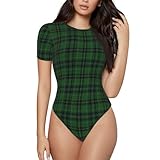 Meaudiwes Women’s Sexy Short Sleeve bodysuit shapewear tummy control Bodysuit Tank Tops Black Green Scottish Tartan Plaid for Weddings Work Travel Parties Fashion Shows