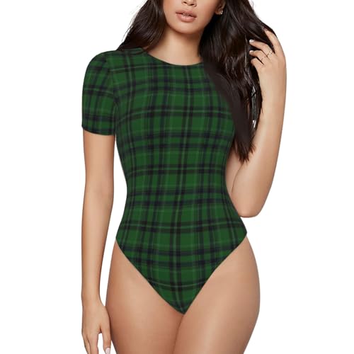 Meaudiwes Women’s Sexy Short Sleeve bodysuit shapewear tummy control Bodysuit Tank Tops Black Green Scottish Tartan Plaid for Weddings Work Travel Parties Fashion Shows