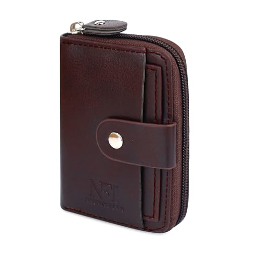 NFI essentials PU Leather 9 Slots Vertical Credit Debit Card Holder, Zipper Coin Purse for Men Women Accordion Money Wallet (Pro Brown)