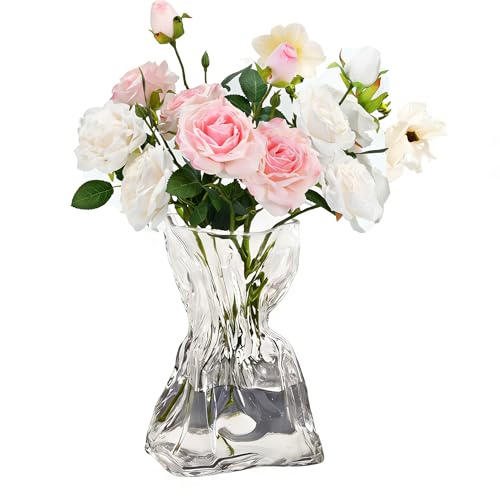 Pogrubiony wazon z przezroczystego szkła 20 cm, nowoczesny kryształowy wazon na kwiaty na tulipany, róże, bukiet ekspozycyjny do salonu, stołu jadalnego, stolika kawowego i biurka, prezent dla kobiet