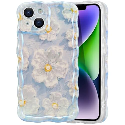 EYZUTAK Case for iPhone 14 Plus/iPhone 15 Plus, Colorful Retro Oil Painting Flower Laser Glossy Cute Curly Wave Edge Exquisite Phone Cover Stylish Durable TPU Protective Case for Girl Women-Light Blue
