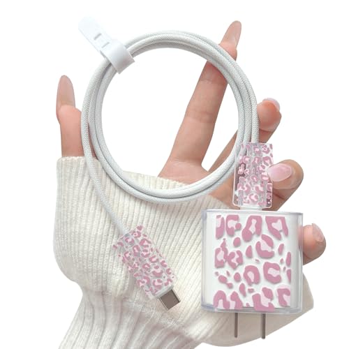 Funda de carga compatible con iPhone 18W 20W USB-C protector de cable blando leopardo rosa