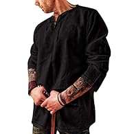 Material: Cotton and Linen. The mens shirts has good shape retention, wear resistance, not to fade, lightweight, breathable, soft touch, moisture-wicking. Features: Fashion linen shirts, henley neck shirts, unique casual style, drawstring collar, lon...