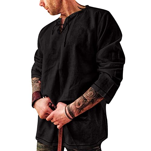 Mens Shirts Fashion Cotton Linen Henley Shirt Casual Hippie Beach Long Sleeve T Shirts Yoga Top Black 2XL