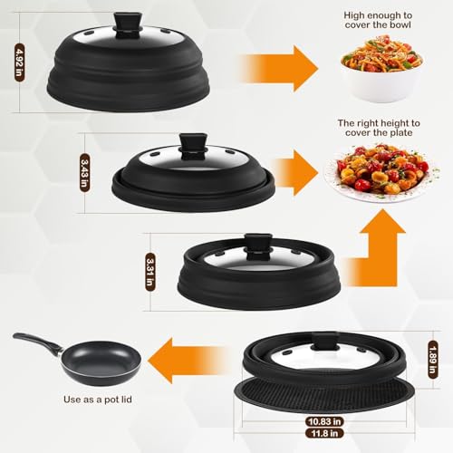Lzerking Microwave Splatter Cover & Silicone Mat, 10.8 inch Glass Splatter Guard Lid with Collapsible Silicone for Food, Fits 6-10 inch Pot Plate Bowl, Heat Resistant, Dishwasher Safe, Kitchen, Black by Lzerking - Image 7