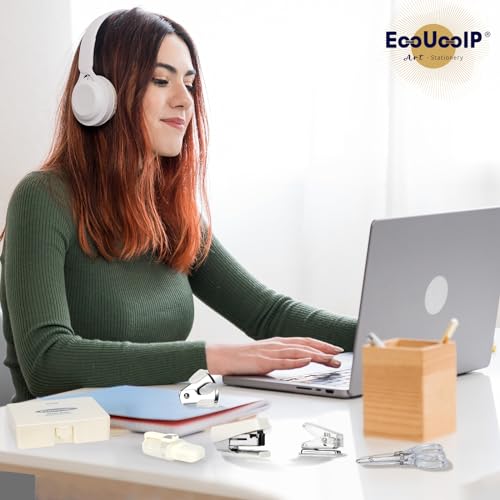 EooUooIP Practical and Beautiful Office Supplies White Handbook Tool Box,Stapler Tape Staples Hole Puncher Paper Scissor for Efficient Work and Stylish Gifting. - Thumbnail 4