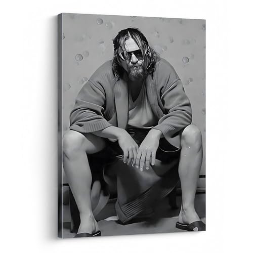 B.B.F MAKE Iconic Framed Canvas Wall Art Bathroom Decor The Big Lebowski The Dude Sitting Movie Poster Prints Noir Toilet Painting Comedy Artwork for Man Cave Lounge Wall Home Decorations, 20x24inch