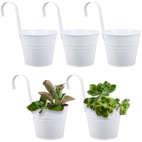 GREANER Large Iron Hanging Pot Set, Countryside Style Window Flower Plant Holder with Detachable Hooks, Hanging Metal Bucket Plants Holders Set for Indoor and Outdoor - White(5 Packs) Cover