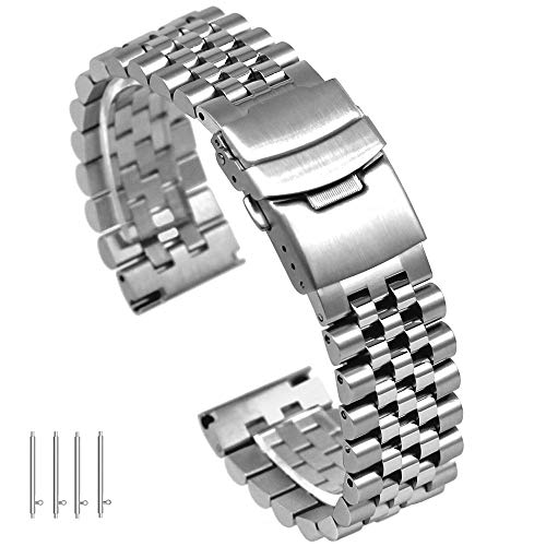20mm 3D Stainless Steel Watch Band Engineer Solid Screw Fixed Link, Double Locking Clasps, Quick Release Replacement Bracelet for Women Men Silver