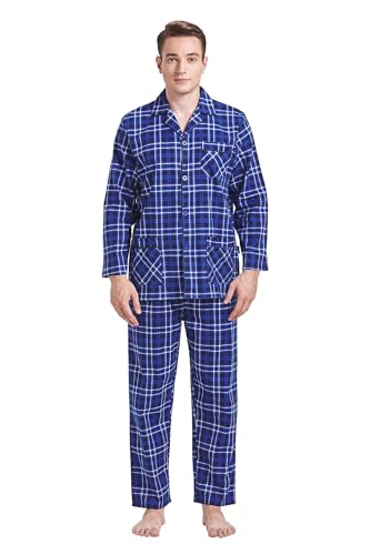 GLOBAL Men's Pajamas Sets 100% Cotton Flannel Sleepwear Long-Sleeve top & Bottom, Large