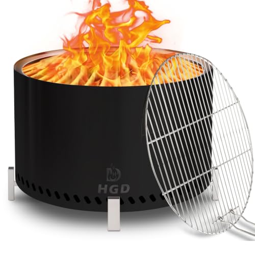 HGD 28" Smokeless Firepit with Stand & Grill Rack, Large Stainless Steel Wood Burning Fire Pit for Gatherings, Secondary Combustion Outdoor Patio Stove for Garden BBQ & Bonfire (Black)