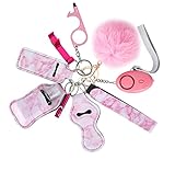 Flymind Safe Keychain Set for Girls with Personal Safety Alarm, Hand Sanitizer Holder, Whistle and Pom