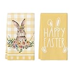 Artoid Mode Yellow Buffalo Plaid Flowers Rabbit Happy Easter Kitchen Towels Dish Towels, 42x65 cm Spring Polyester Decoration Hand Towels Set of 2