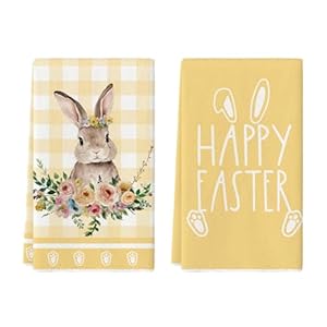 Artoid Mode Gele buffel geruite bloemen konijn gelukkig Pasen keukenhanddoeken theedoeken, 42x65 cm lente polyester decoratie handdoeken set van 2