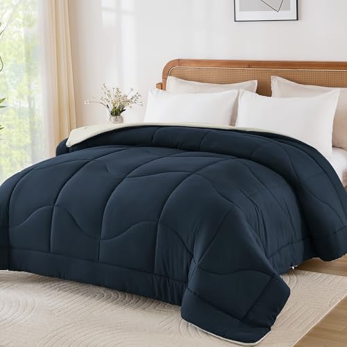 Guchuang Bedding Coverless Duvet Double Size 10.5 Tog-Reversible Comforter for All Seasons-Lightweight Down Alternative Comforter (Navy/Beige,Double)